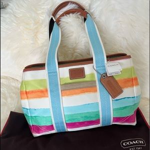 COACH Summer Cloth Striped Shoulder Tote with Leather Trim Accents and Handle